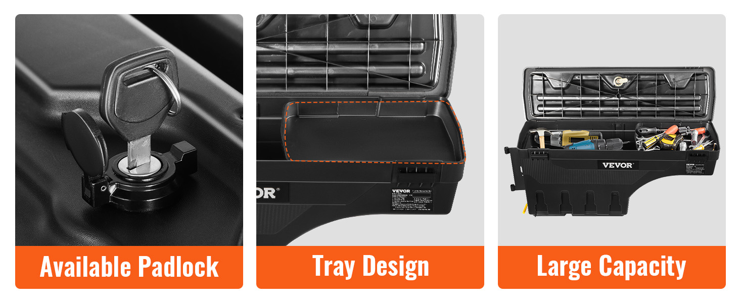 VEVOR truck bed storage box with available padlock, tray design, and large capacity for tools.