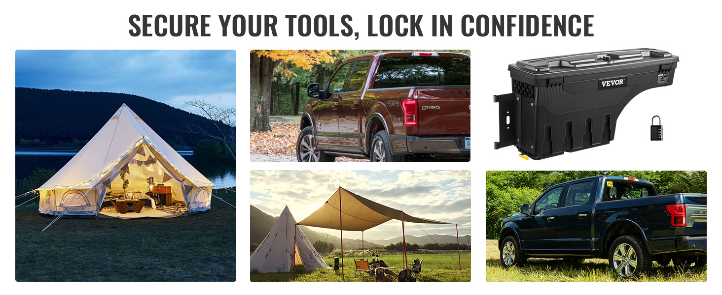 VEVOR truck bed storage box, camping tents, and pickup trucks in outdoor settings.