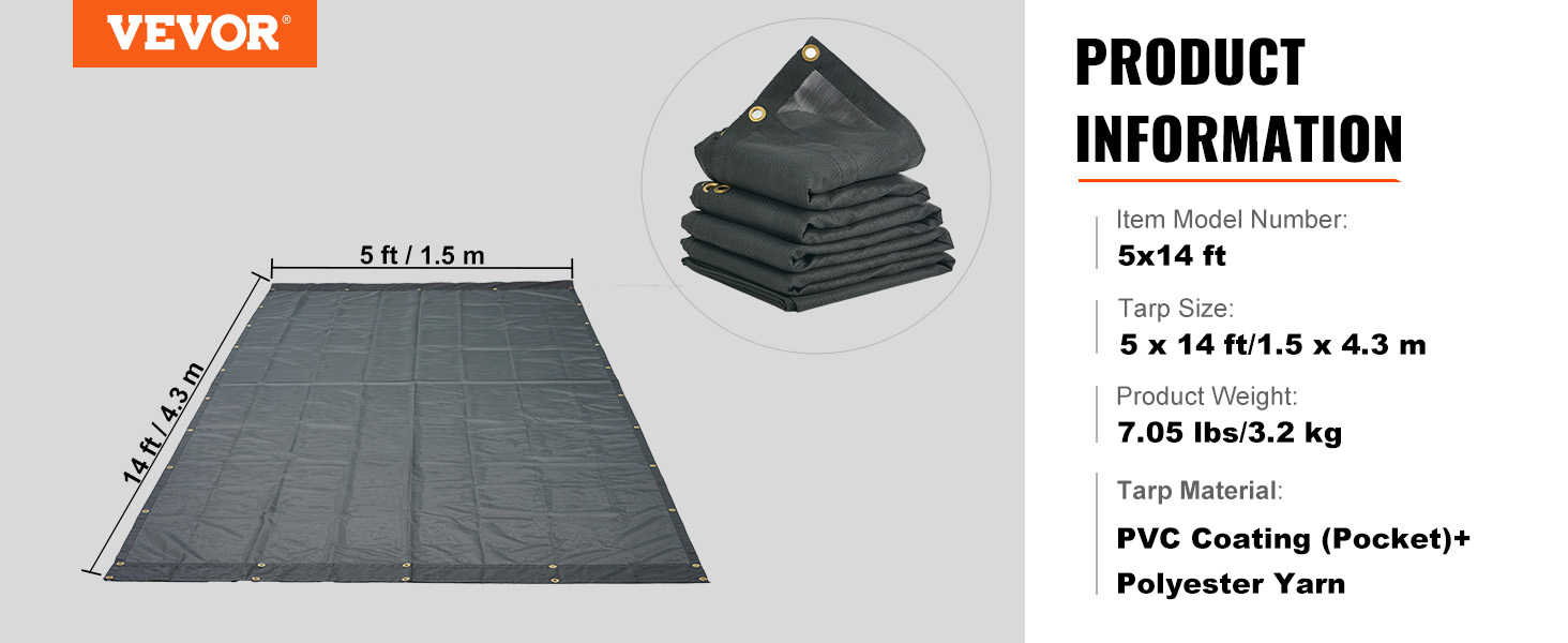 VEVOR dump truck mesh tarp, 5x14 ft with pvc coating and polyester yarn, folded and laid out.