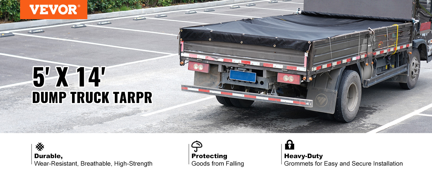 VEVOR dump truck mesh tarp covering a truck bed for durable and secure cargo protection.