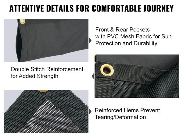 VEVOR dump truck mesh tarp features pvc mesh fabric, double stitch reinforcement, and reinforced hems.