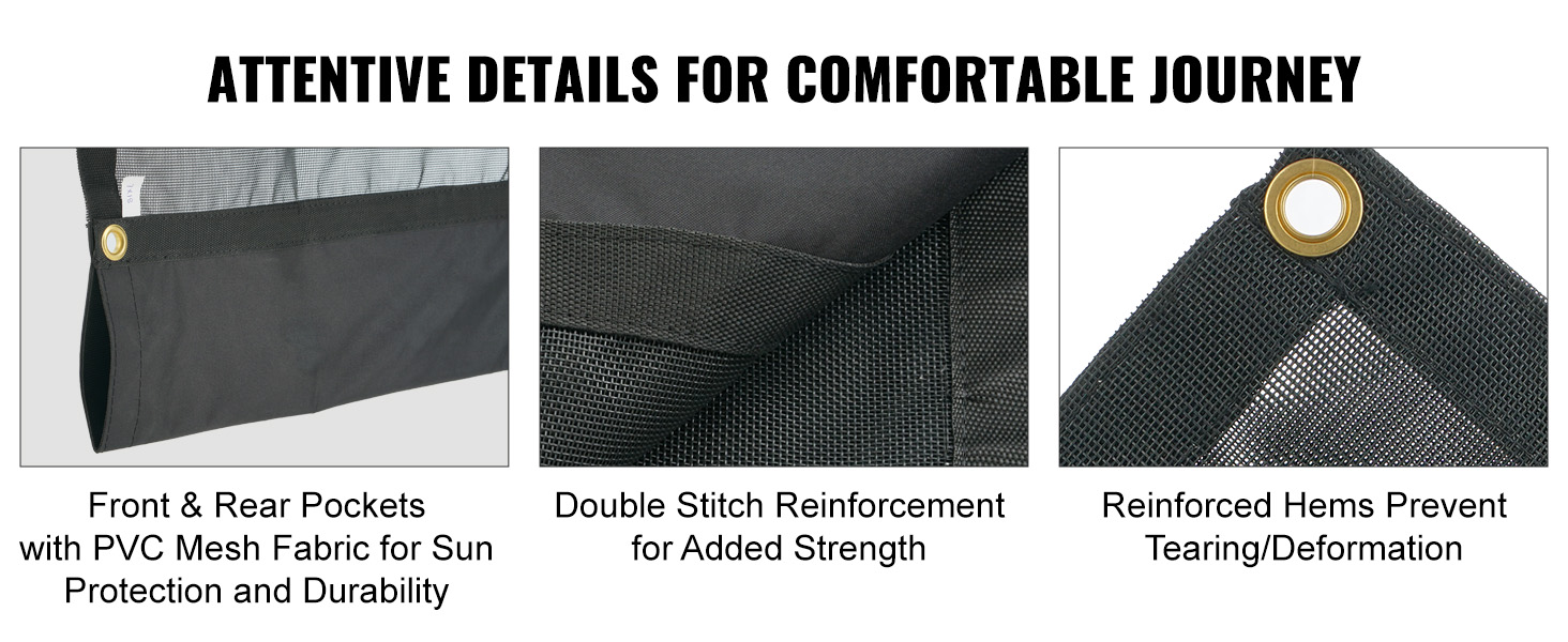 VEVOR dump truck mesh tarp features pvc mesh fabric, double stitch reinforcement, and reinforced hems.