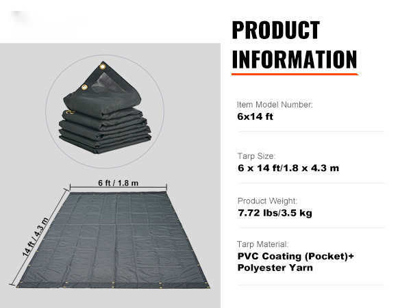 product dimensions of VEVOR dump truck mesh tarp, 6x14 ft with pvc coating and polyester yarn.
