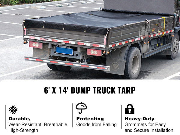 VEVOR dump truck mesh tarp covering truck bed, 6'x14', durable and protecting goods from falling.