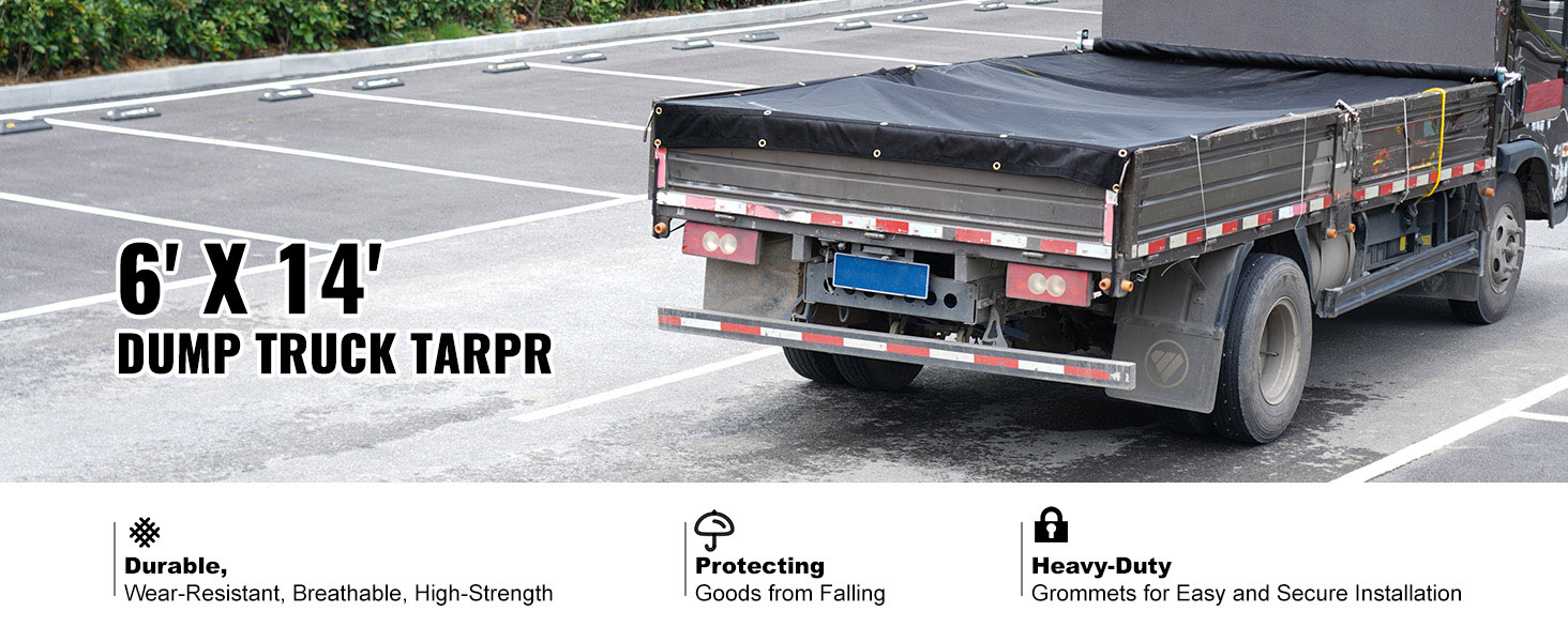 VEVOR dump truck mesh tarp covering truck bed, 6'x14', durable and protecting goods from falling.