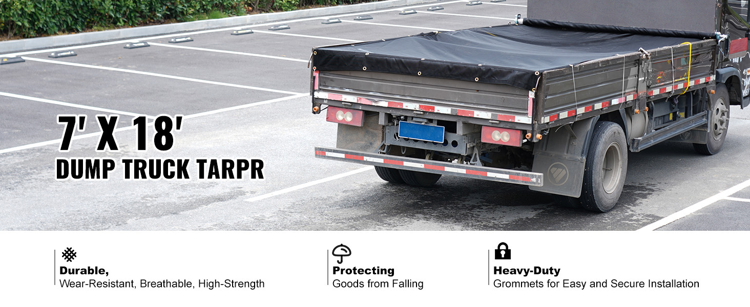 VEVOR dump truck mesh tarp covering a truck, featuring durability, protection, and heavy-duty grommets.