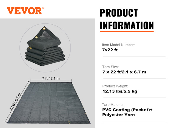 VEVOR dump truck mesh tarp 7x22 ft, pvc coating, polyester yarn, 12.13 lbs.