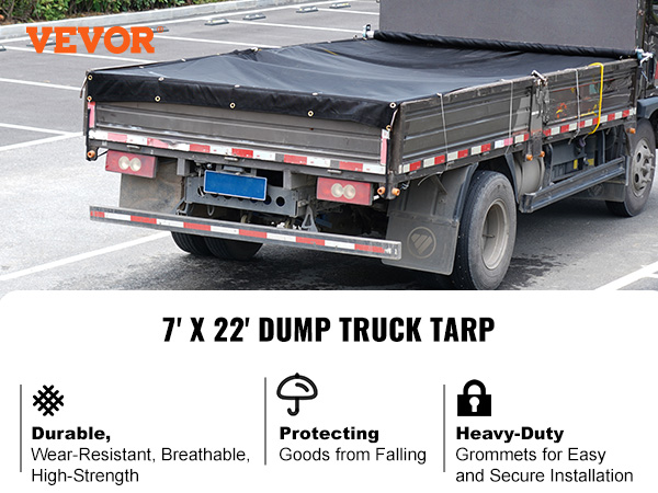 VEVOR dump truck mesh tarp 7'x22' on a truck in a parking lot with product features highlighted.