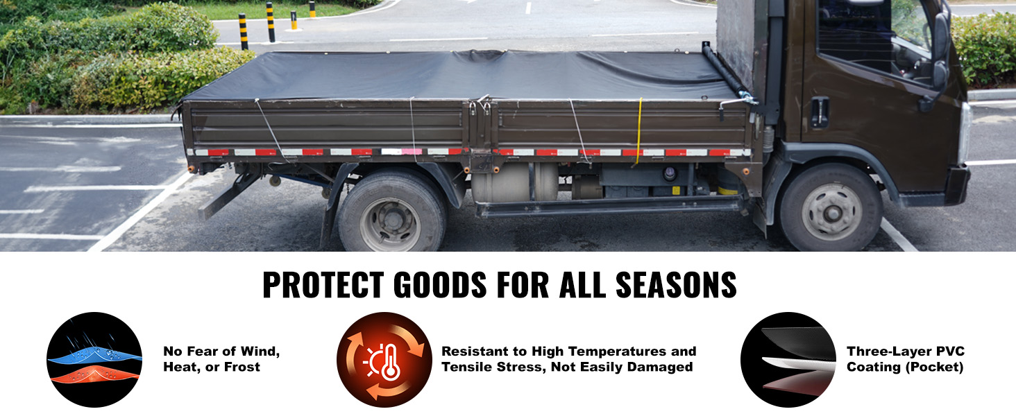 VEVOR dump truck mesh tarp, protects goods from weather, and resists high temps and tensile stress.