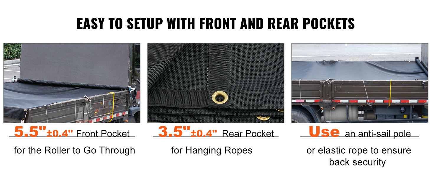 VEVOR dump truck mesh tarp with front and rear pockets for easy setup and secure anti-sail pole.