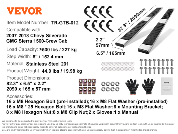 VEVOR running boards for chevy silverado/gmc sierra, stainless steel, 500lbs load capacity, accessories.