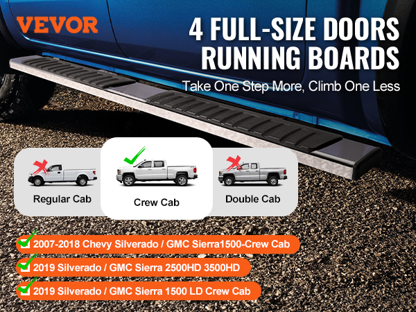 VEVOR running boards for chevy silverado and gmc sierra crew cab 2007-2019.
