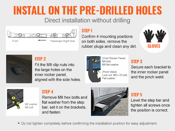 install VEVOR running boards on pre-drilled holes. follow steps: position, clip nuts, brackets, bolts, level.
