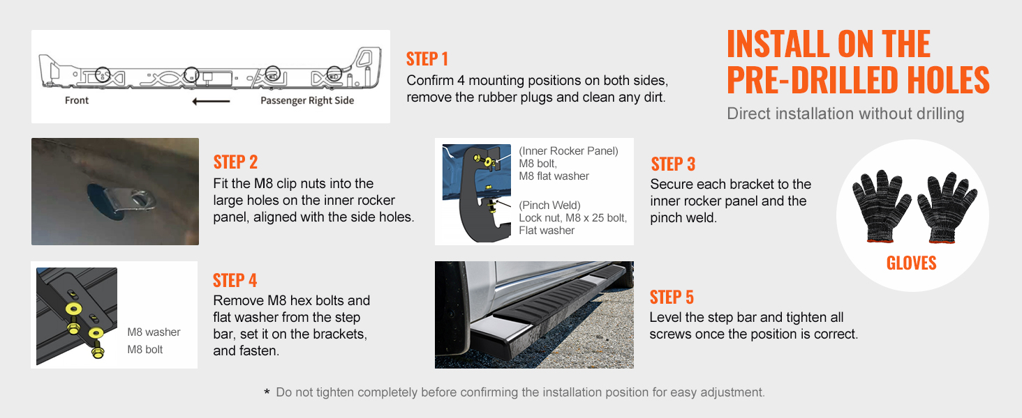 install VEVOR running boards on pre-drilled holes. follow steps: position, clip nuts, brackets, bolts, level.