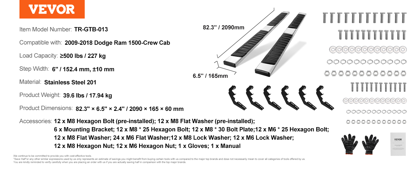 VEVOR skrejceļi 2009-2018 dodge ram 1500-kabīnei ar nerūsējošā tērauda konstrukciju.