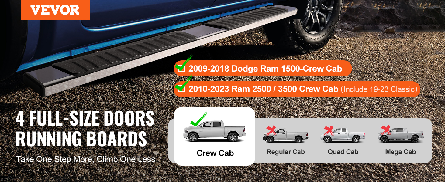 VEVOR skrejceļi dodge ram crew cab, piemēroti 2009-2018 ram 1500 un 2010-2023 ram 2500/3500.