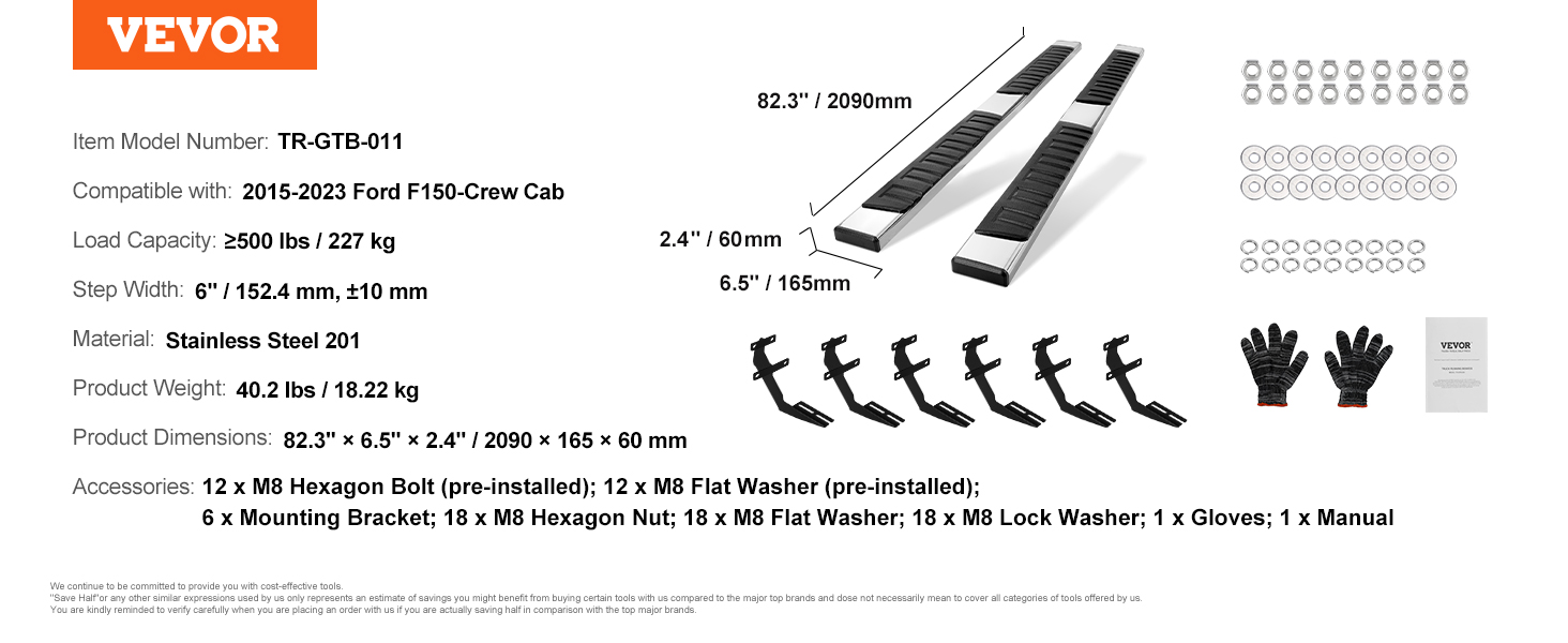 VEVOR running boards for 2015-2023 ford f150 crew cab, stainless steel, 82.3"x6.5"x2.4", 500 lbs capacity.
