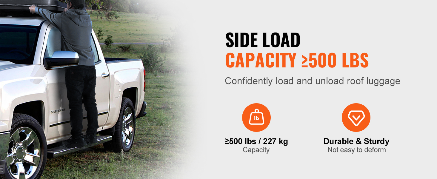 VEVOR running boards on truck support over 500 lbs, ideal for loading roof luggage with ease and durability.