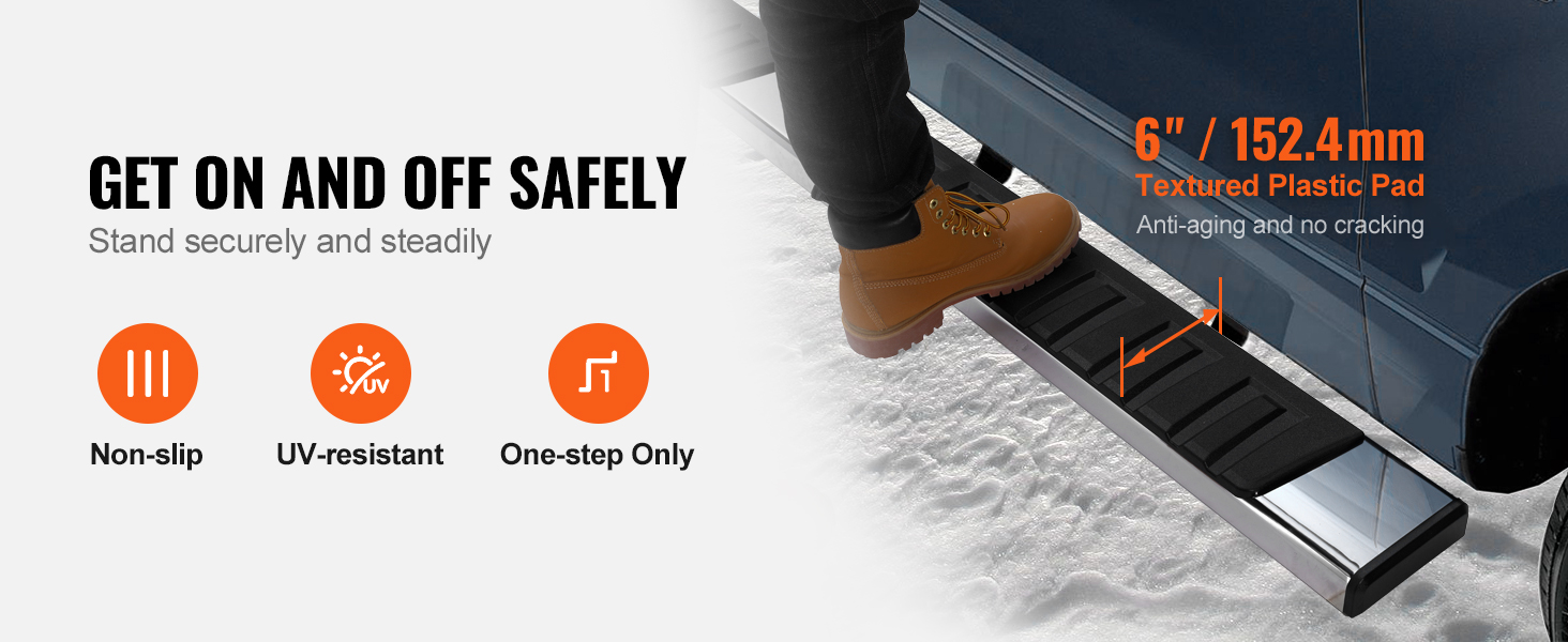 VEVOR running boards, non-slip, uv-resistant, one-step, 6-inch textured plastic pad, anti-aging.