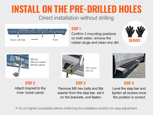 install VEVOR running boards by confirming positions, attaching brackets, securing with bolts, and leveling.