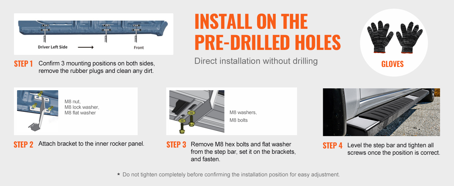 install VEVOR running boards by confirming positions, attaching brackets, securing with bolts, and leveling.