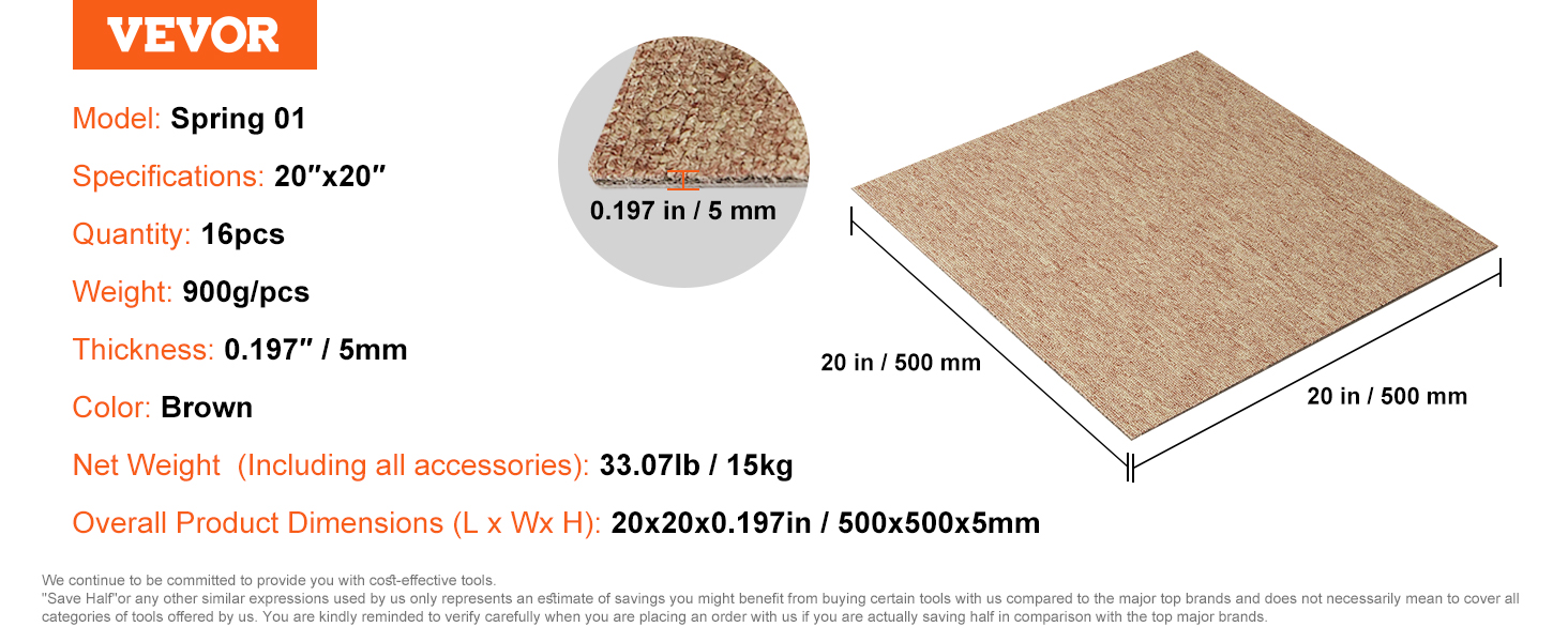 VEVOR carpet tiles spring 01, 20"x20", brown, 16pcs, 900g/pcs, 0.197" thickness.
