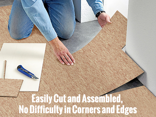 person cutting and placing VEVOR carpet tiles, demonstrating easy corner and edge assembly.