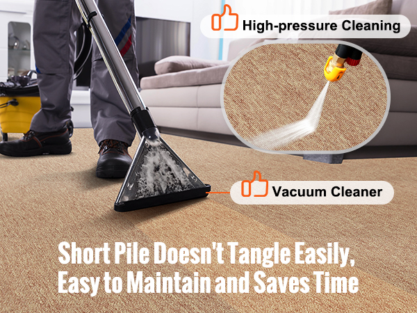 cleaning VEVOR carpet tiles with high-pressure cleaner and vacuum; short pile, easy maintenance.