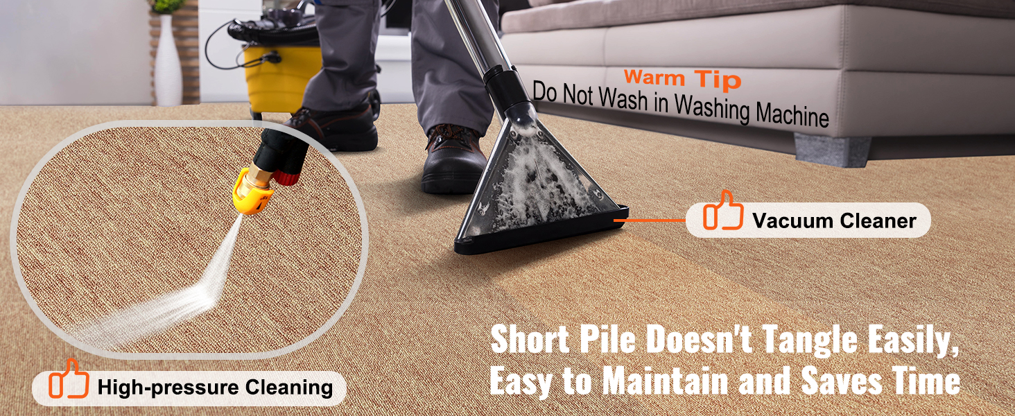 cleaning VEVOR carpet tiles with high-pressure cleaner and vacuum; short pile, easy maintenance.