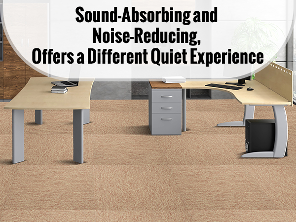 modern office with wooden desks and grey storage cabinets featuring VEVOR carpet tiles for noise reduction.