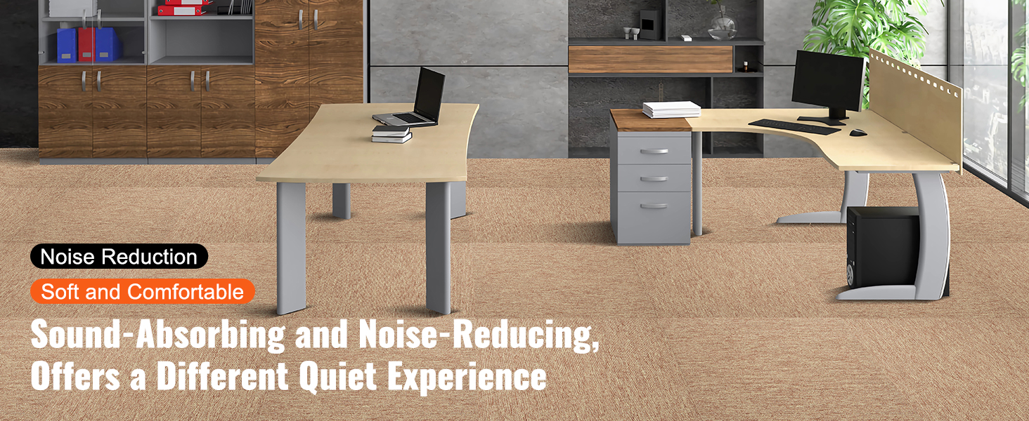 modern office with wooden desks and grey storage cabinets featuring VEVOR carpet tiles for noise reduction.