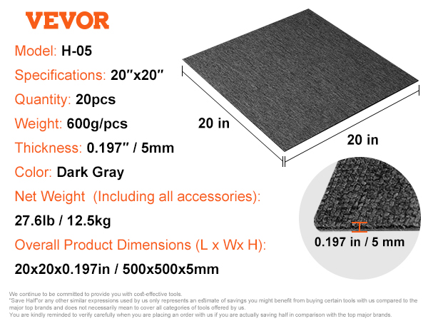 VEVOR carpet tiles, 20"x20", dark gray, 5mm thick, 600g/pcs, 20pcs per pack, overall 27.6lb.