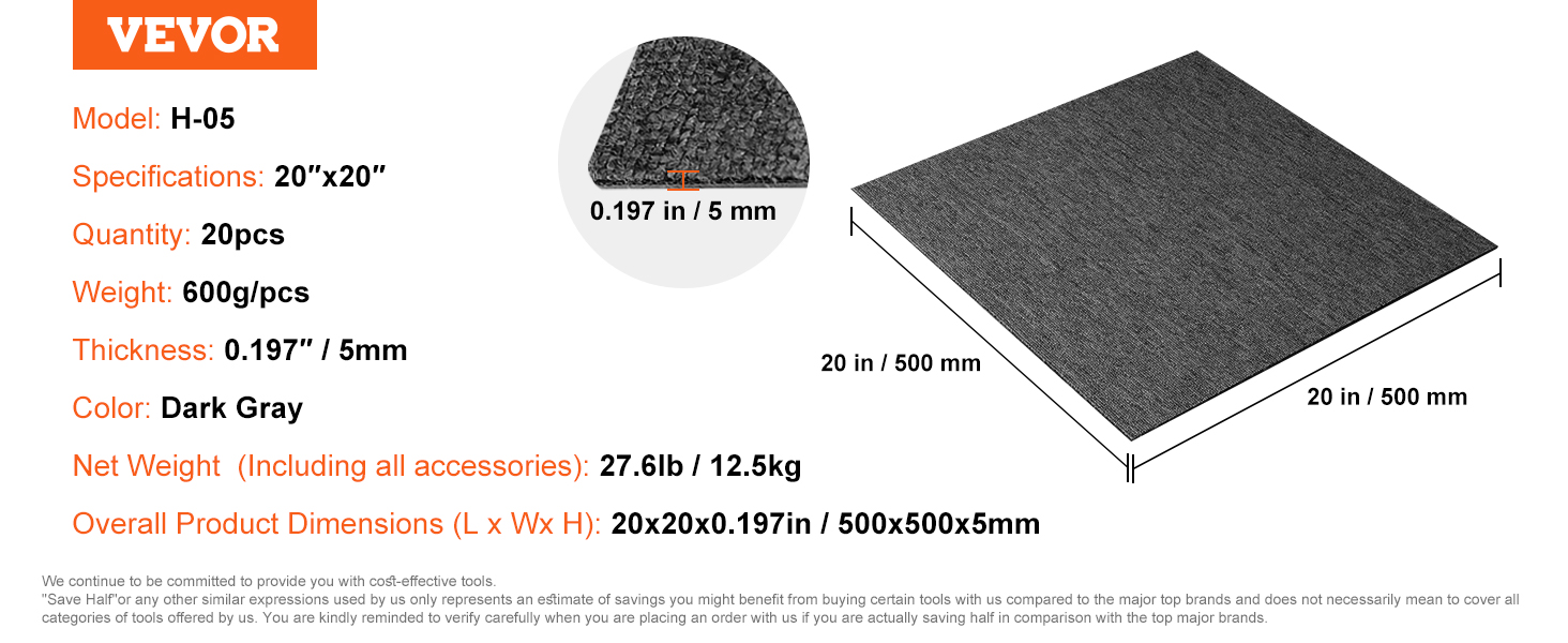 VEVOR carpet tiles, 20"x20", dark gray, 5mm thick, 600g/pcs, 20pcs per pack, overall 27.6lb.