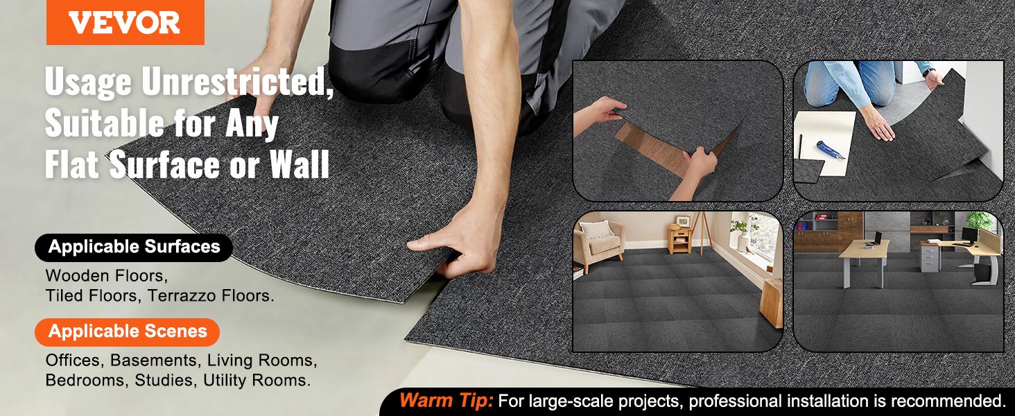 VEVOR carpet tiles for wooden, tiled, terrazzo floors, ideal for offices, basements, and living rooms.