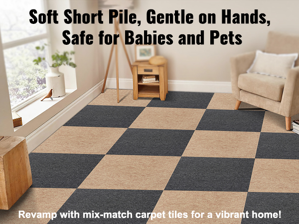 soft short pile, gentle on hands, safe for babies and pets, VEVOR carpet tiles in beige and gray.