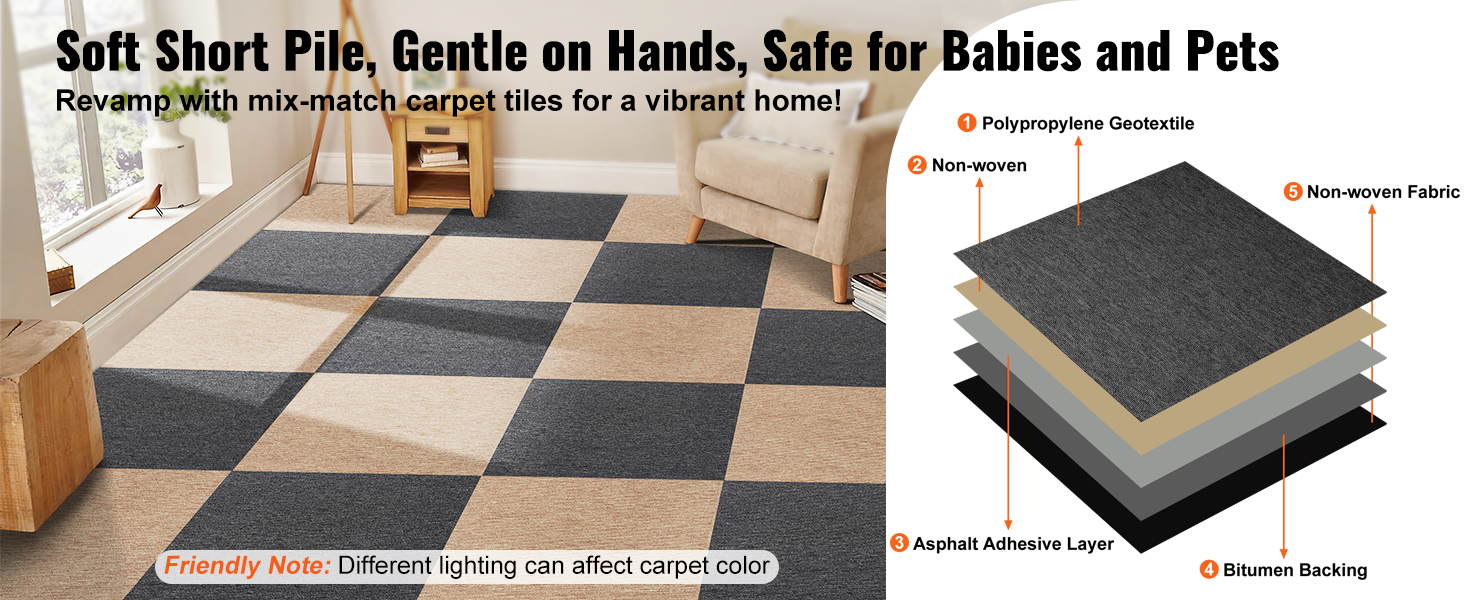 soft short pile, gentle on hands, safe for babies and pets, VEVOR carpet tiles in beige and gray.