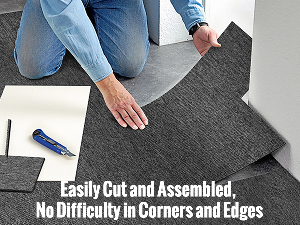 cutting and assembling VEVOR carpet tiles for seamless corners and edges, tools shown on the floor.