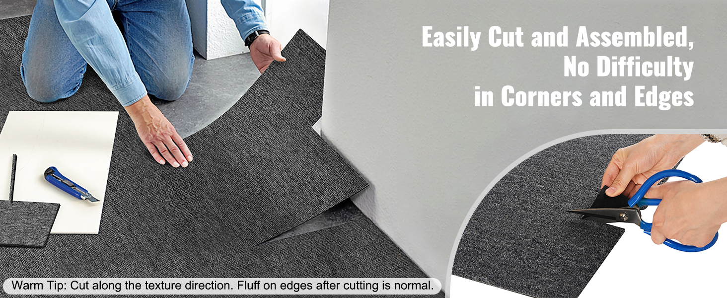 cutting and assembling VEVOR carpet tiles for seamless corners and edges, tools shown on the floor.