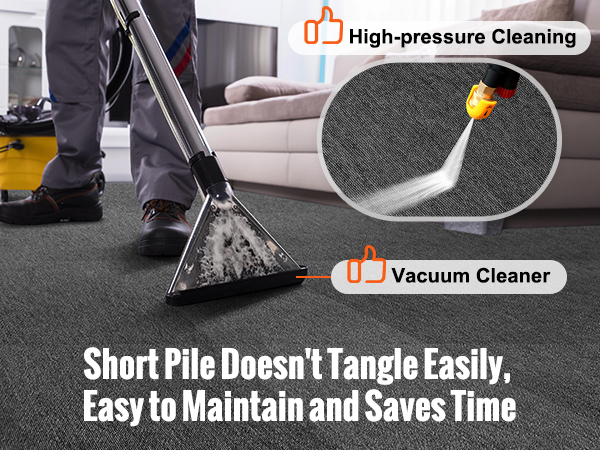 man cleaning VEVOR carpet tiles with vacuum cleaner and high-pressure spray, easy maintenance, short pile.