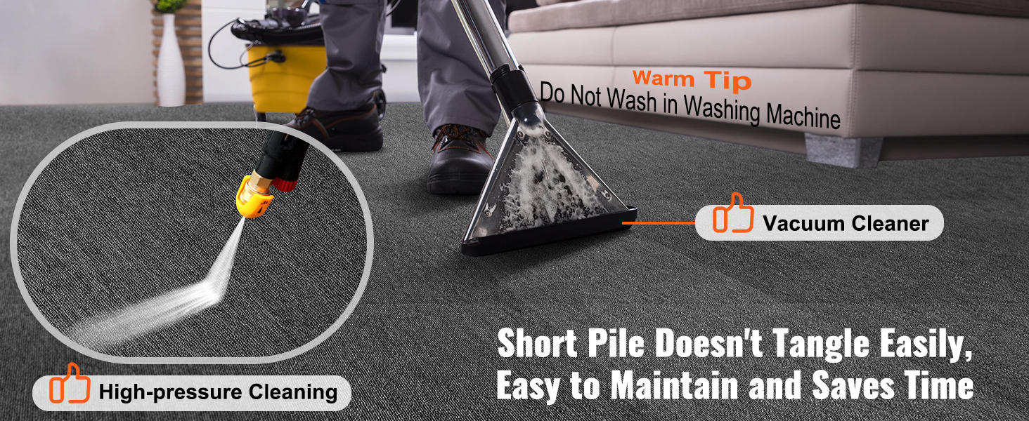 man cleaning VEVOR carpet tiles with vacuum cleaner and high-pressure spray, easy maintenance, short pile.