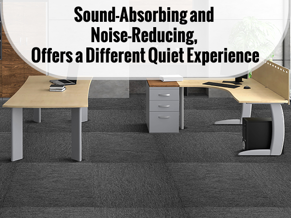 modern office with wooden desks, VEVOR carpet tiles, noise-reducing, sound-absorbing, and cabinets.
