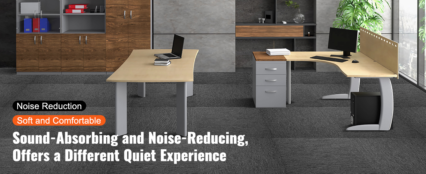 modern office with wooden desks, VEVOR carpet tiles, noise-reducing, sound-absorbing, and cabinets.