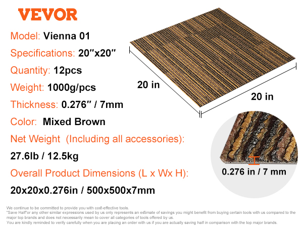 VEVOR paklāja flīzes, Vīne 01, 20 "x20", jauktā brūnā krāsā, 12 gab., 7 mm biezas, 1000 g/gab., 27,6 kg tīrsvars.