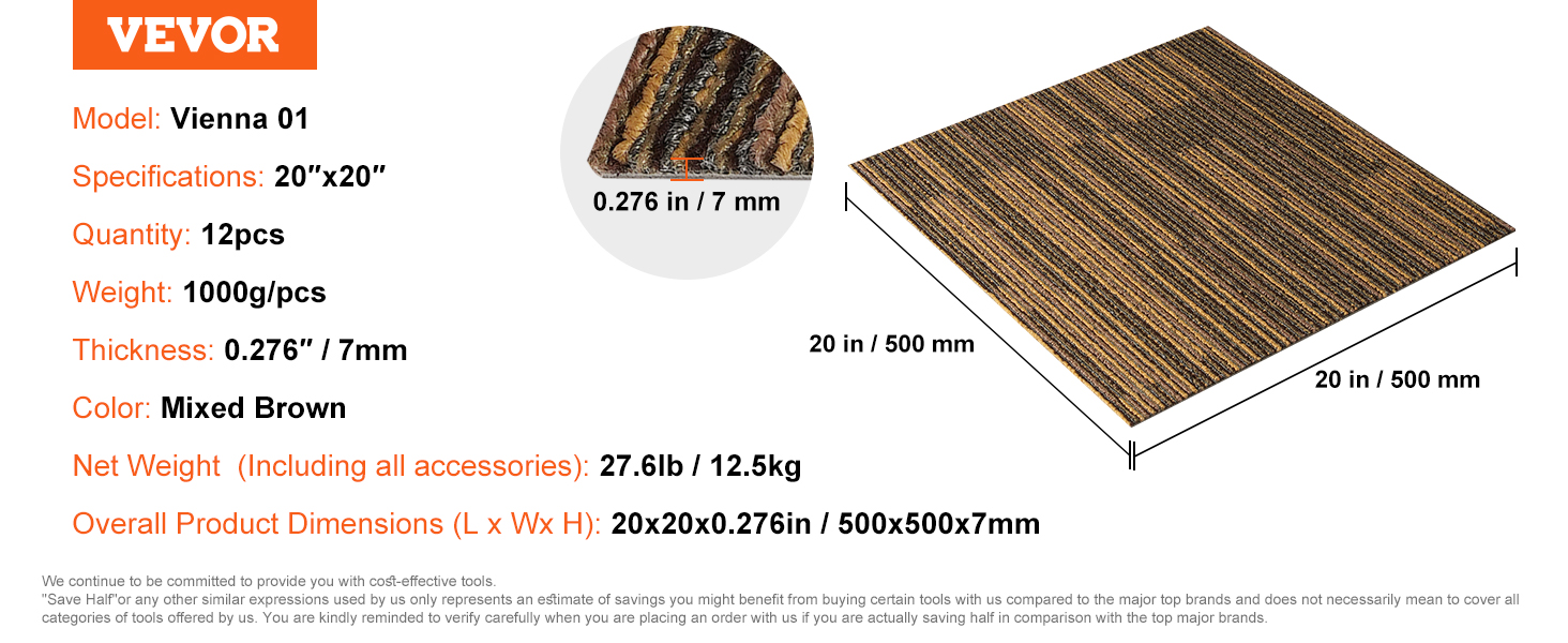 VEVOR paklāja flīzes, Vīne 01, 20 "x20", jauktā brūnā krāsā, 12 gab., 7 mm biezas, 1000 g/gab., 27,6 kg tīrsvars.