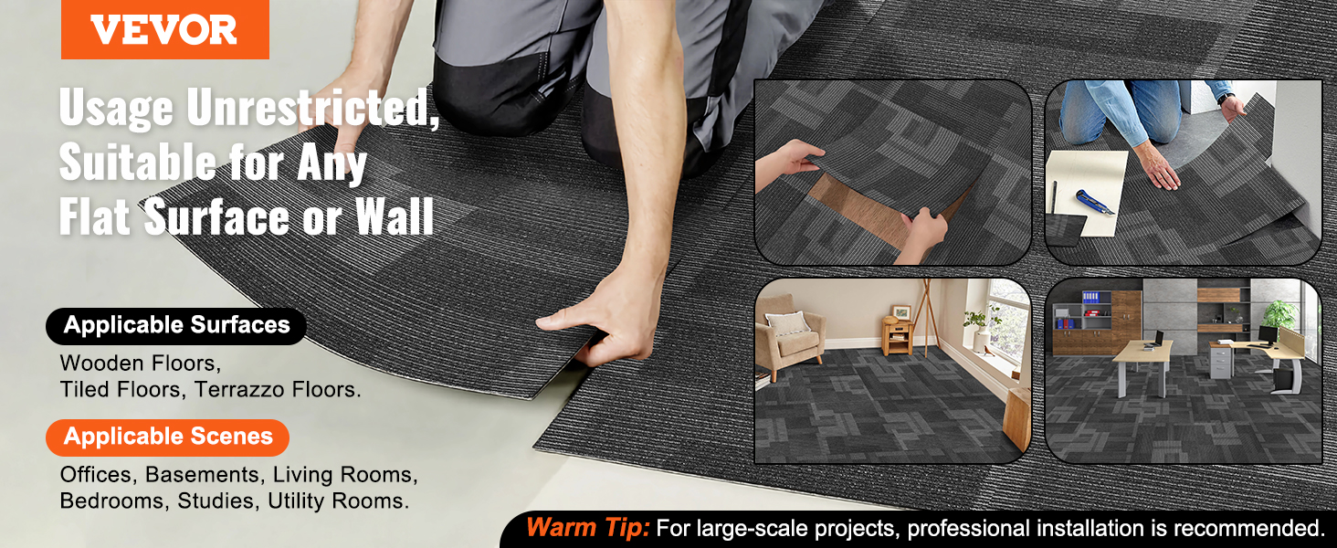 VEVOR carpet tiles being installed on various surfaces, suitable for offices, basements, and living rooms.