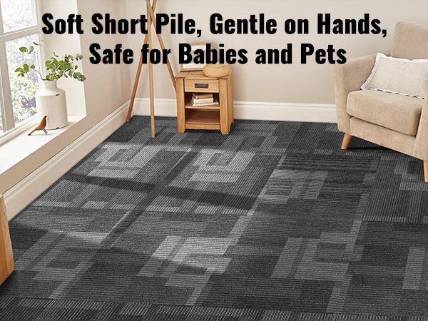 soft, short pile VEVOR carpet tiles, gentle on hands, safe for babies and pets, with detailed fabric layers.