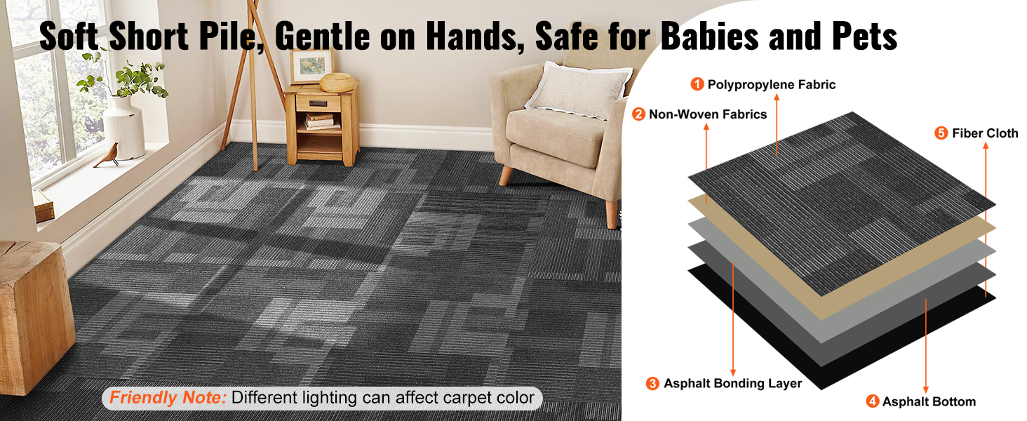 soft, short pile VEVOR carpet tiles, gentle on hands, safe for babies and pets, with detailed fabric layers.