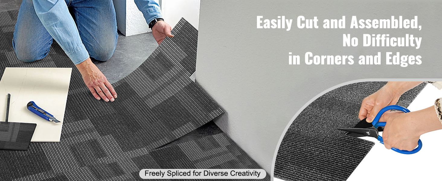 installing VEVOR carpet tiles with ease, cutting and assembling around corners and edges seamlessly.
