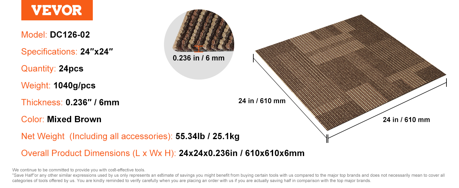 VEVOR carpet tiles, model dc126-02, 24"x24", 24pcs, mixed brown, 6mm thick, 1040g/pcs, total weight 25.1kg.
