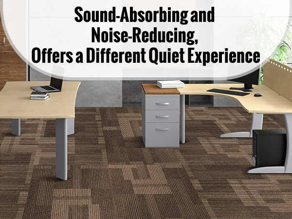 office featuring VEVOR carpet tiles, sound-absorbing and noise-reducing, with modern desks and shelving.